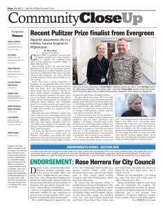 Evergreen Times front page article about Pulitzer Prize finalist Corinne Reilly, written by Diane Blum